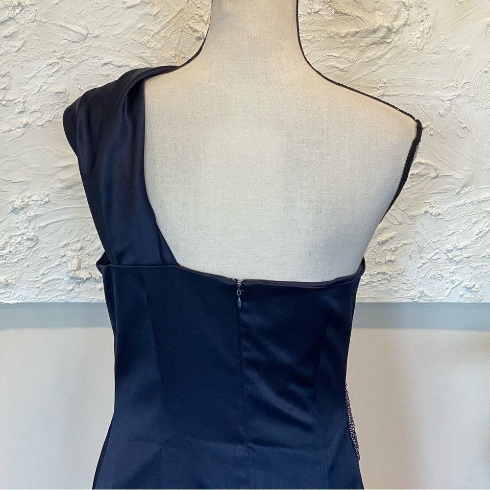 Eliza J Satin One Shoulder Cocktail Formal Dress Navy Blue Sz 6 Embellish Beads - Picture 6 of 10